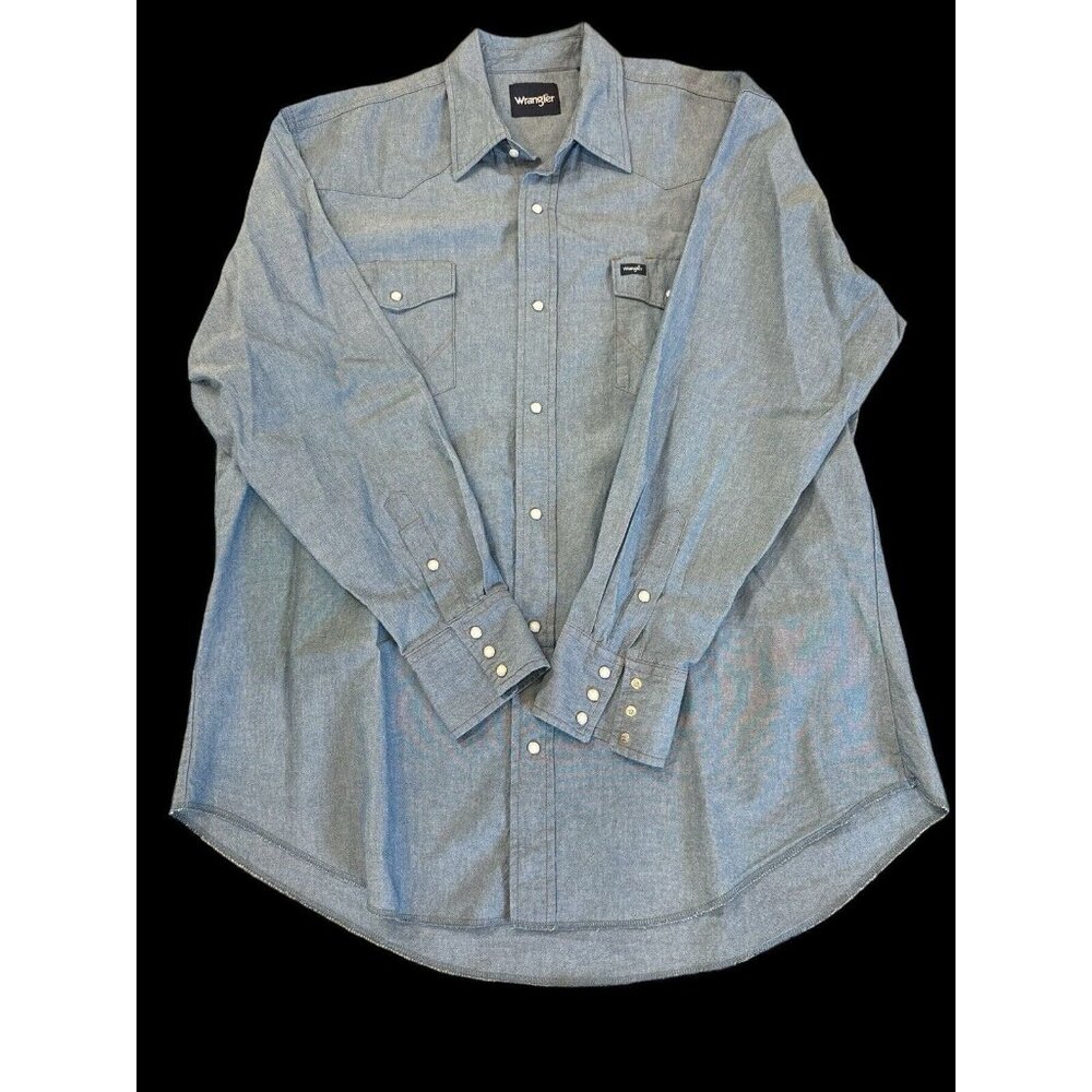 Wrangler Shirt Mens 2XT Blue Denim Western Pearl Snap Long Sleeve Cowboy